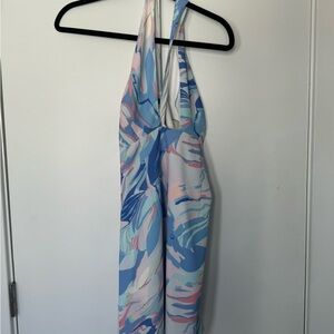 French Connection Blue and Pink Patterned Halter Jumpsuit